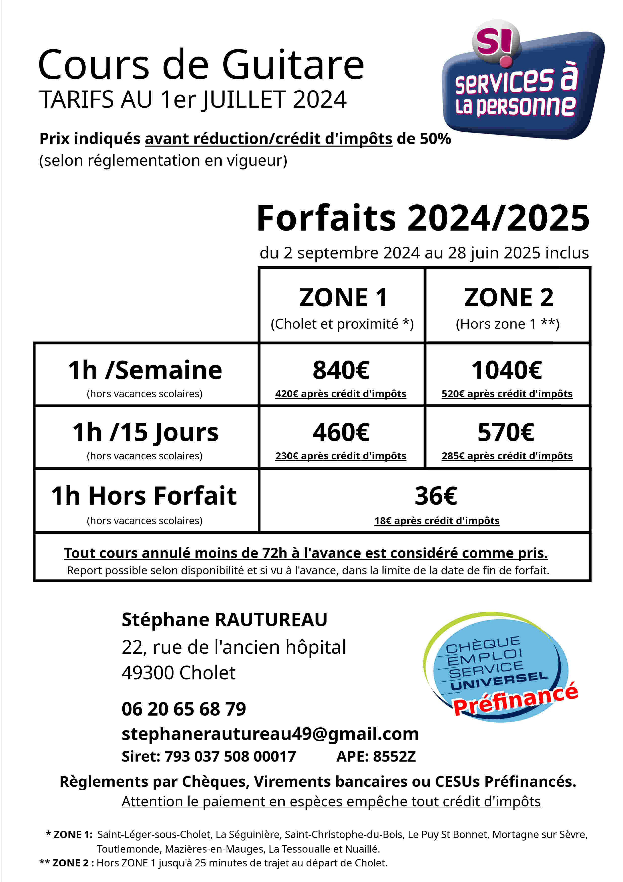 Tarifs Cours de Guitare